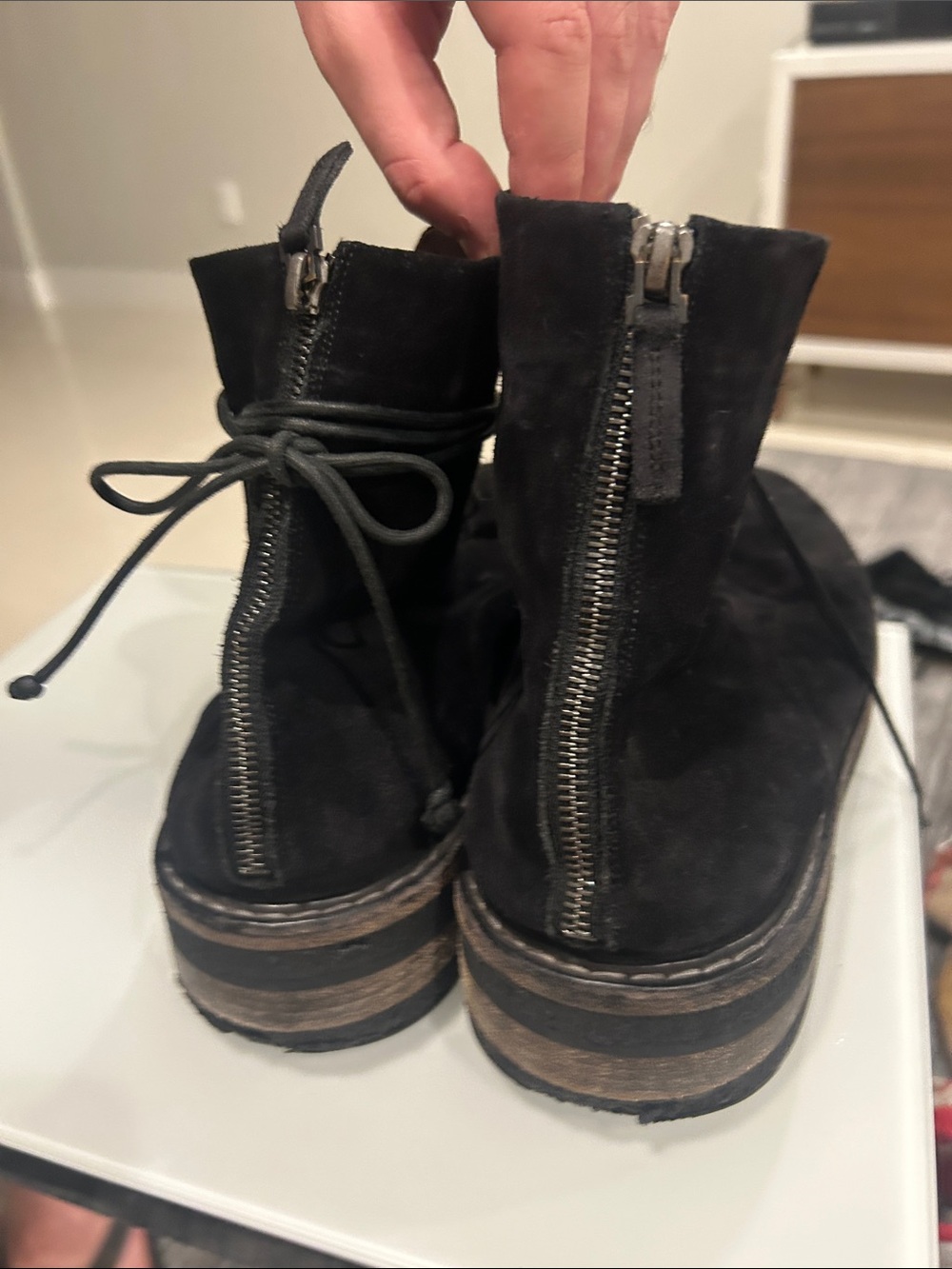 Marsell Black Suede Lace-Up Platform Ankle Boots with Front Zipper